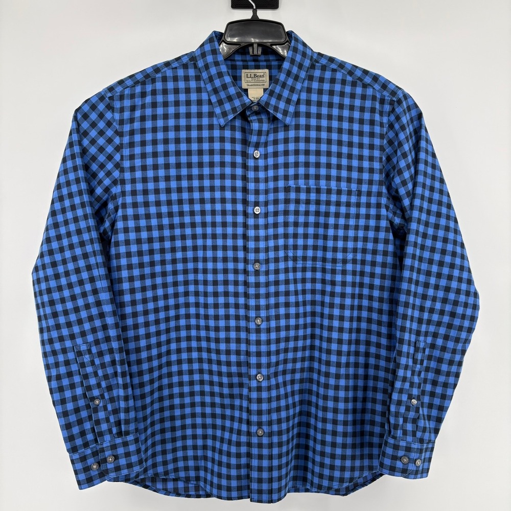 LL Bean Mens Traditional Fit Buffalo Check Flannel Shirt Blue Black Medium M-Reg - Picture 2 of 10